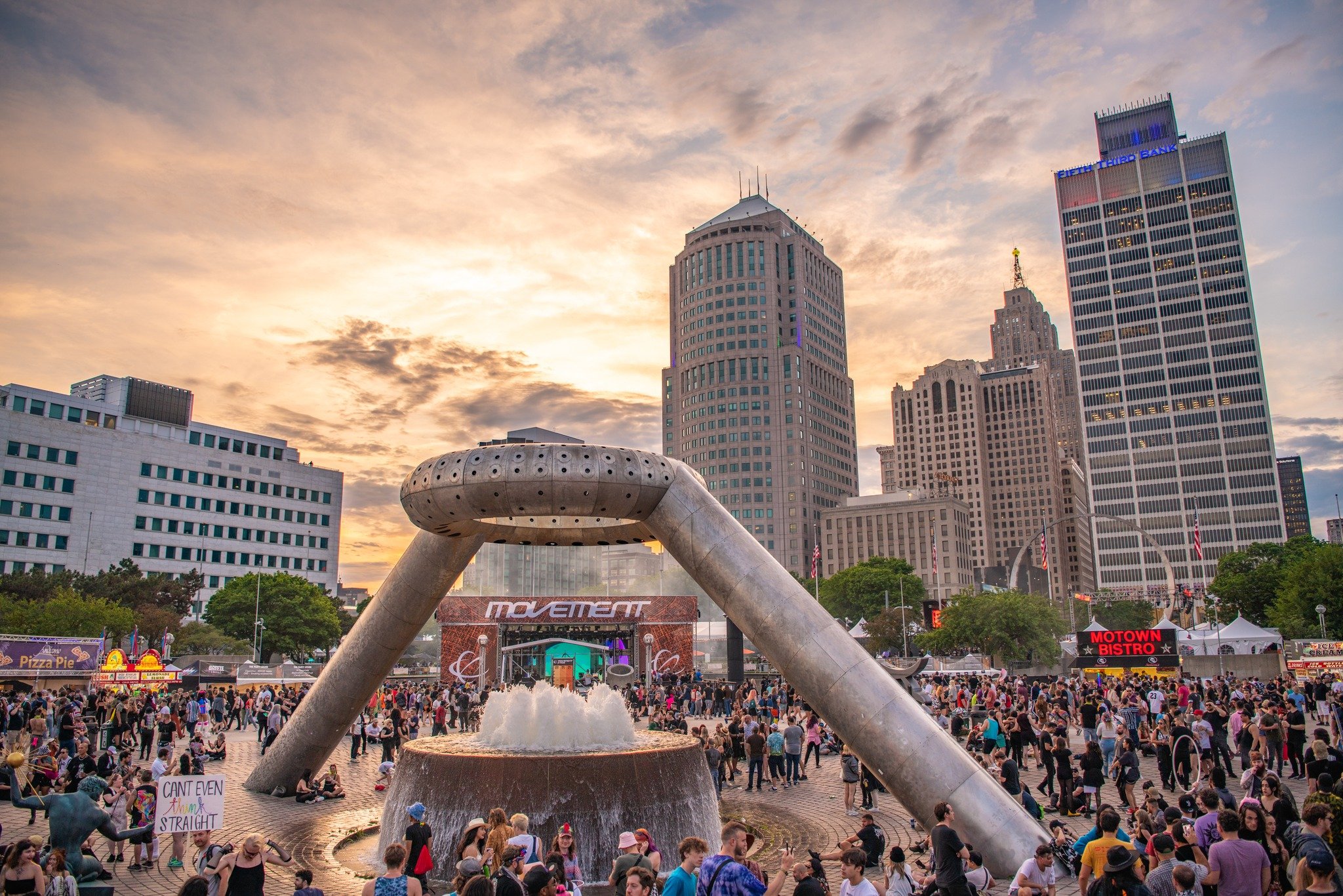 Hart Plaza Detroit at sunset during Movement festival 2022